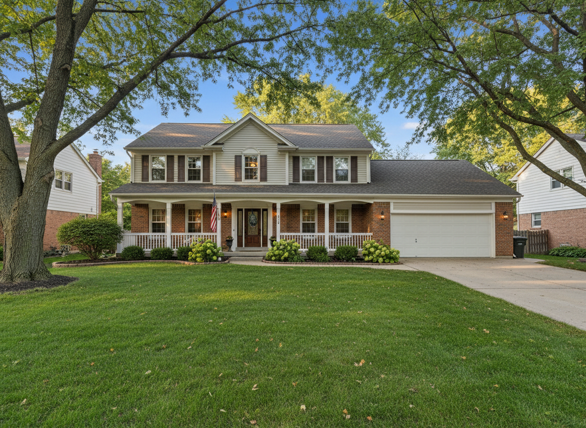 A beautiful, well-maintained two-story home in the Midwest, classic American suburban architecture, brick or vinyl siding, mature oak or maple trees in the yard, green lawn, wide driveway, clear blue sky, warm afternoon light, professional real estate photography style, welcoming and approachable, Chicago south suburbs feel